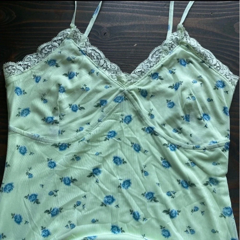 Wild Fable Slip Dress XS‎ Light Green Blue Floral Y2K Fairy Strappy Lace Mini